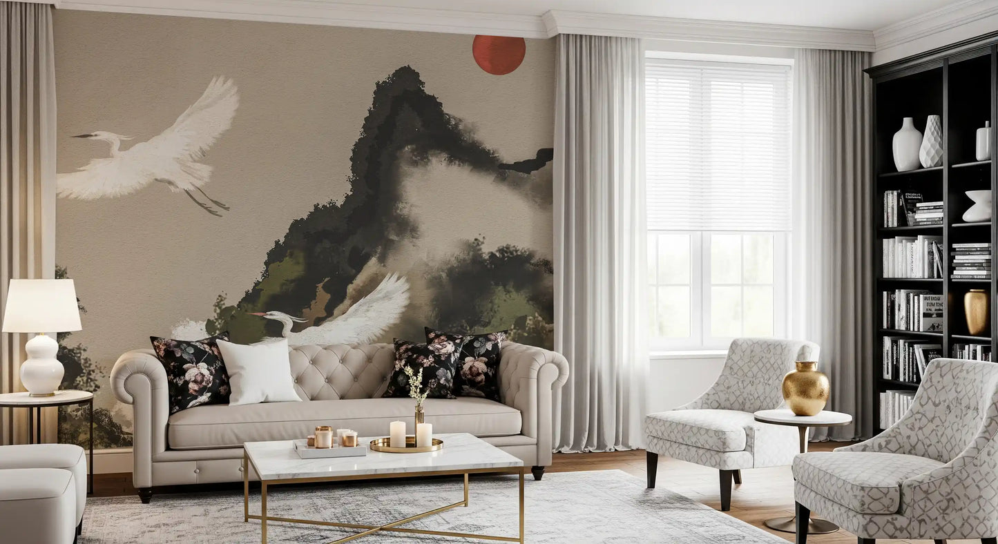 Watercolor landscape wall mural showing cranes across a beige sky backdrop