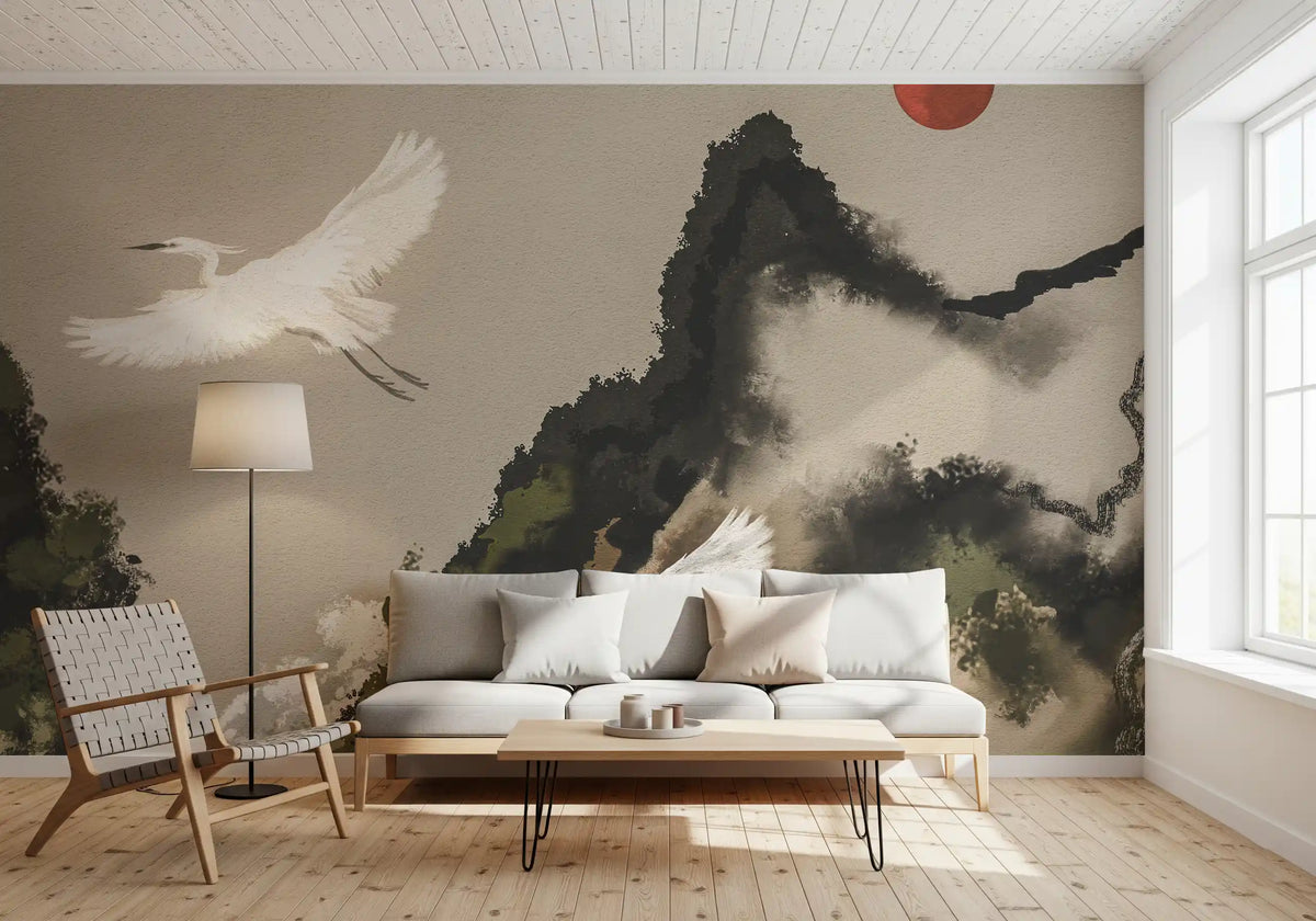 Living room wall mural with Ink Wash Sumi cranes and misty mountain scene