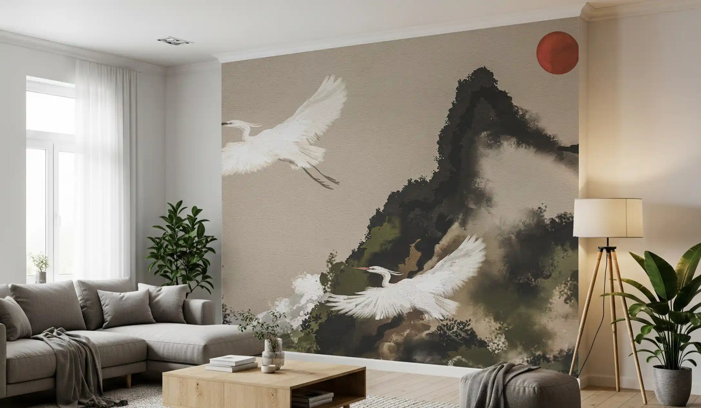 Japanese crane wall mural with watercolor mist and layered mountain forms