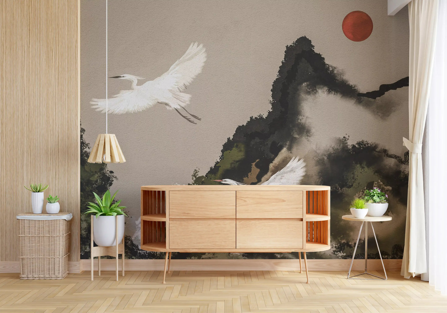 Home wall mural showing Japanese Watercolor cranes and red sun detail
