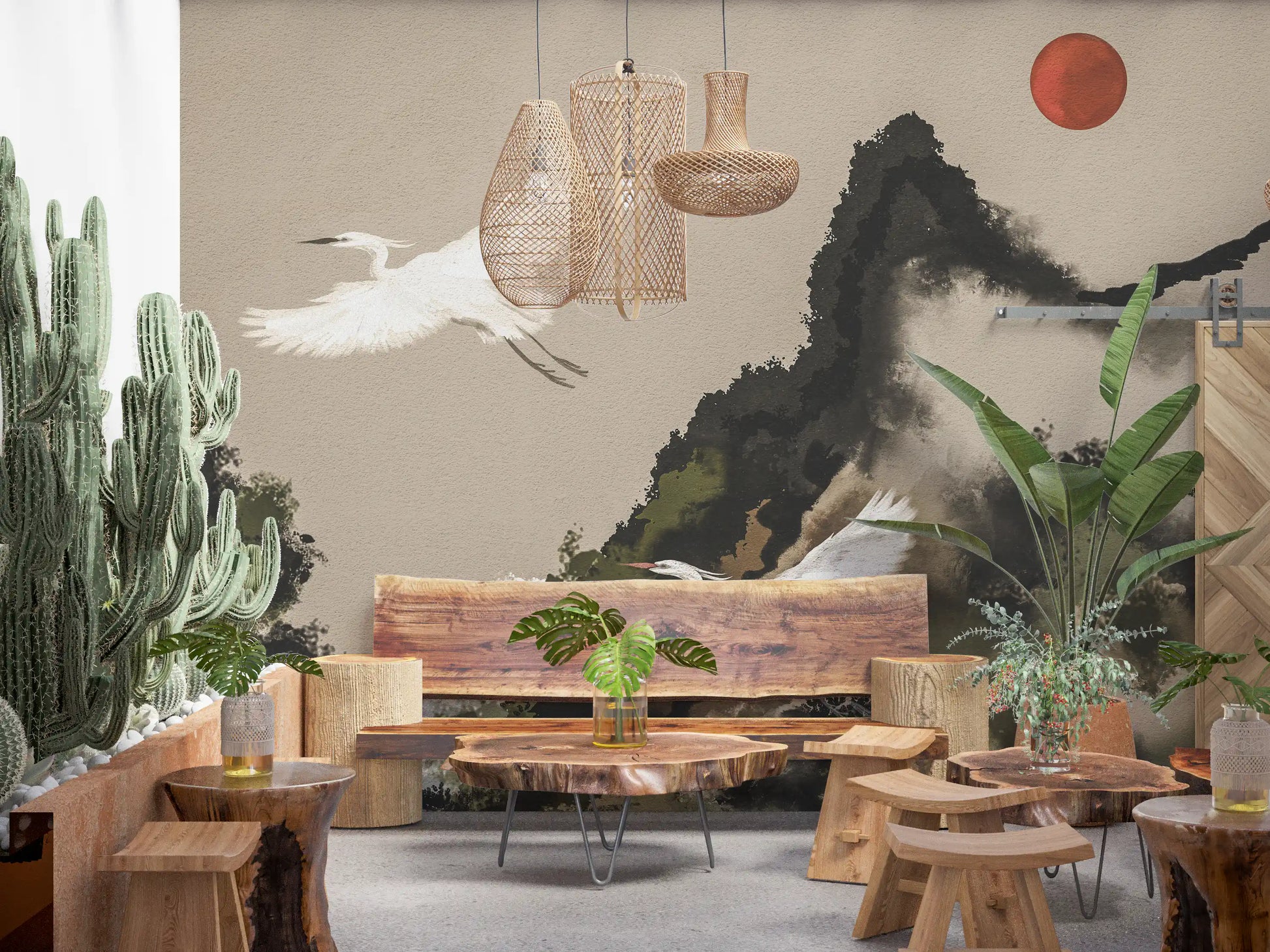 Cranes and Sun Wall Mural with dark peaks and calm Japanese scenery