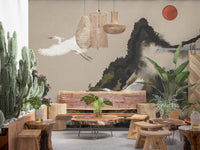 Cranes and Sun Wall Mural with dark peaks and calm Japanese scenery