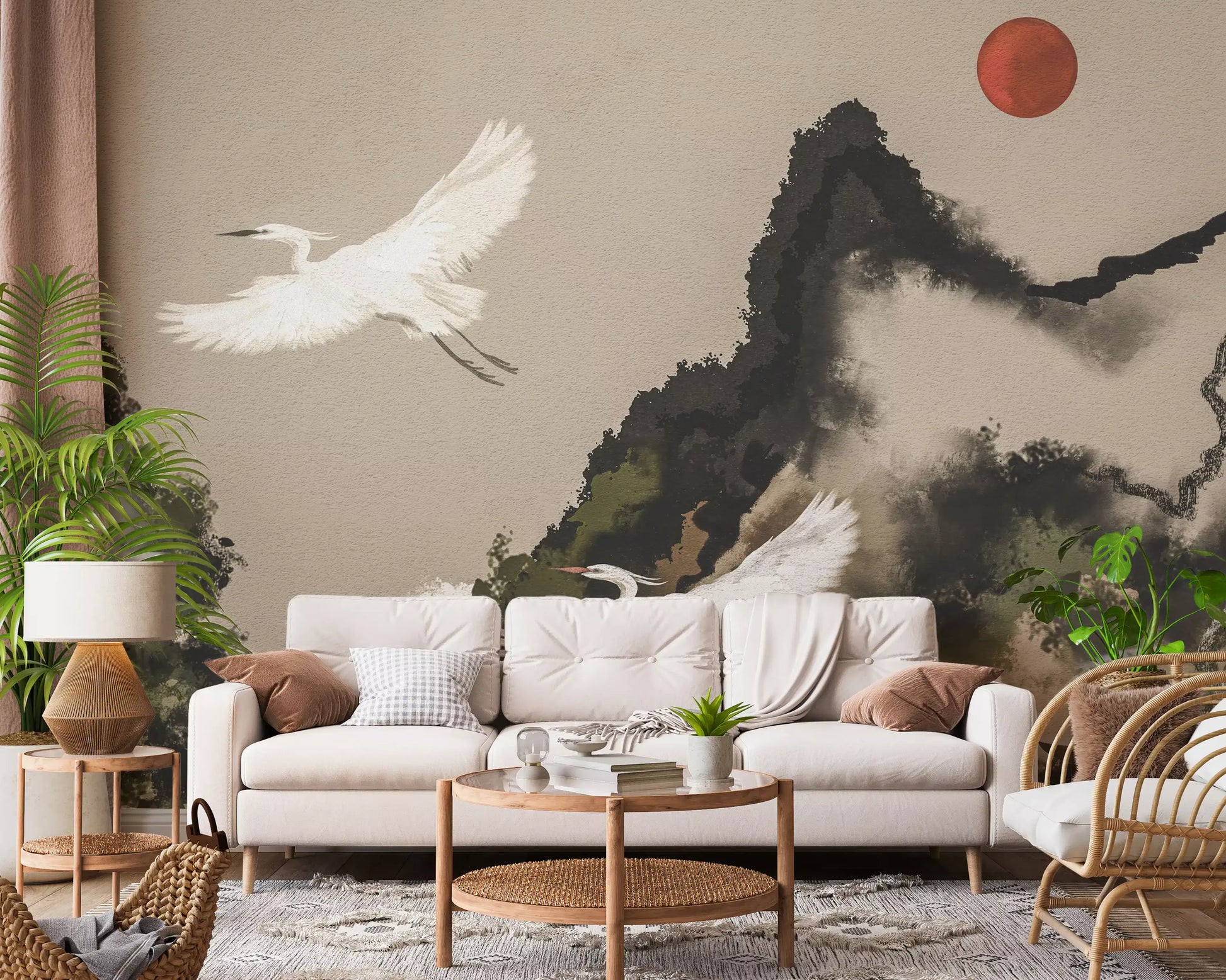 Hallway wall mural with Landscape Cranes flying over dark sumi peaks