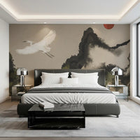 Bedroom wall mural featuring Cranes and Sun in soft ink wash style