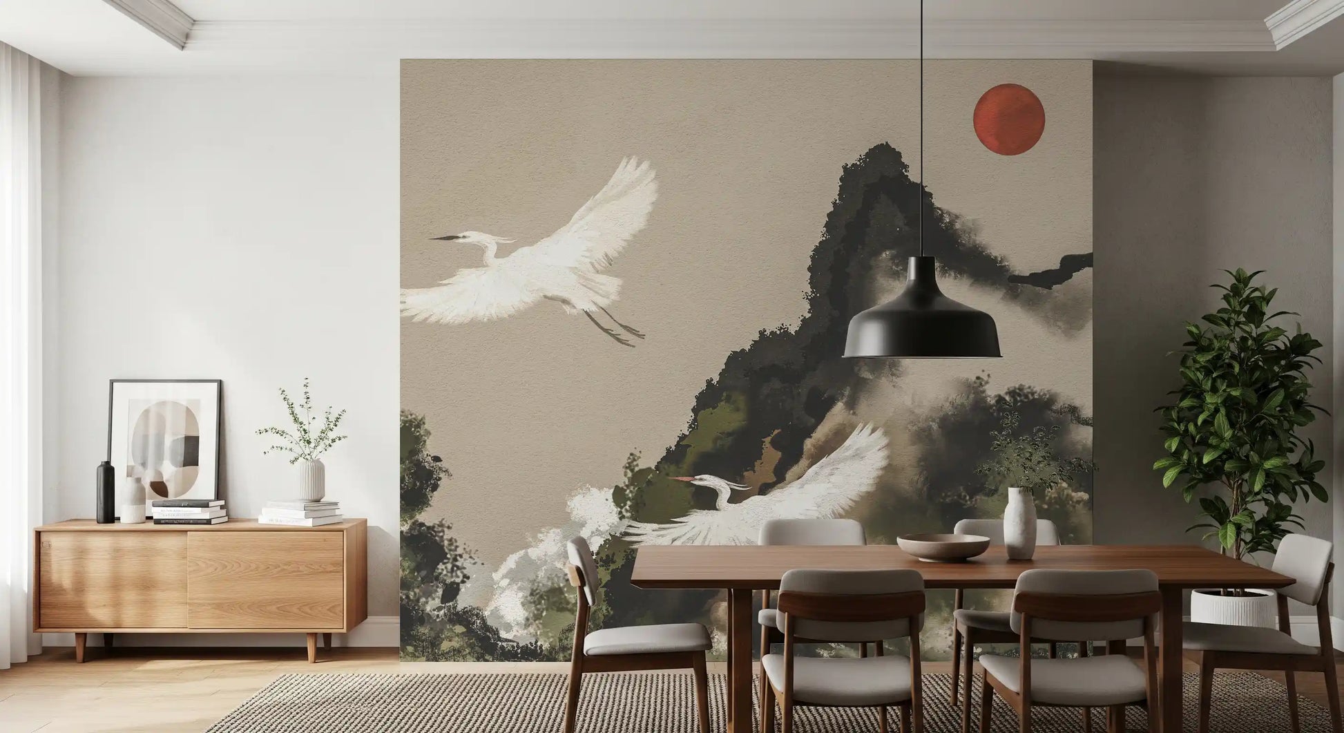 Dining room wall mural with Sumi Japanese mountain art and white crane movement
