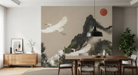 Dining room wall mural with Sumi Japanese mountain art and white crane movement