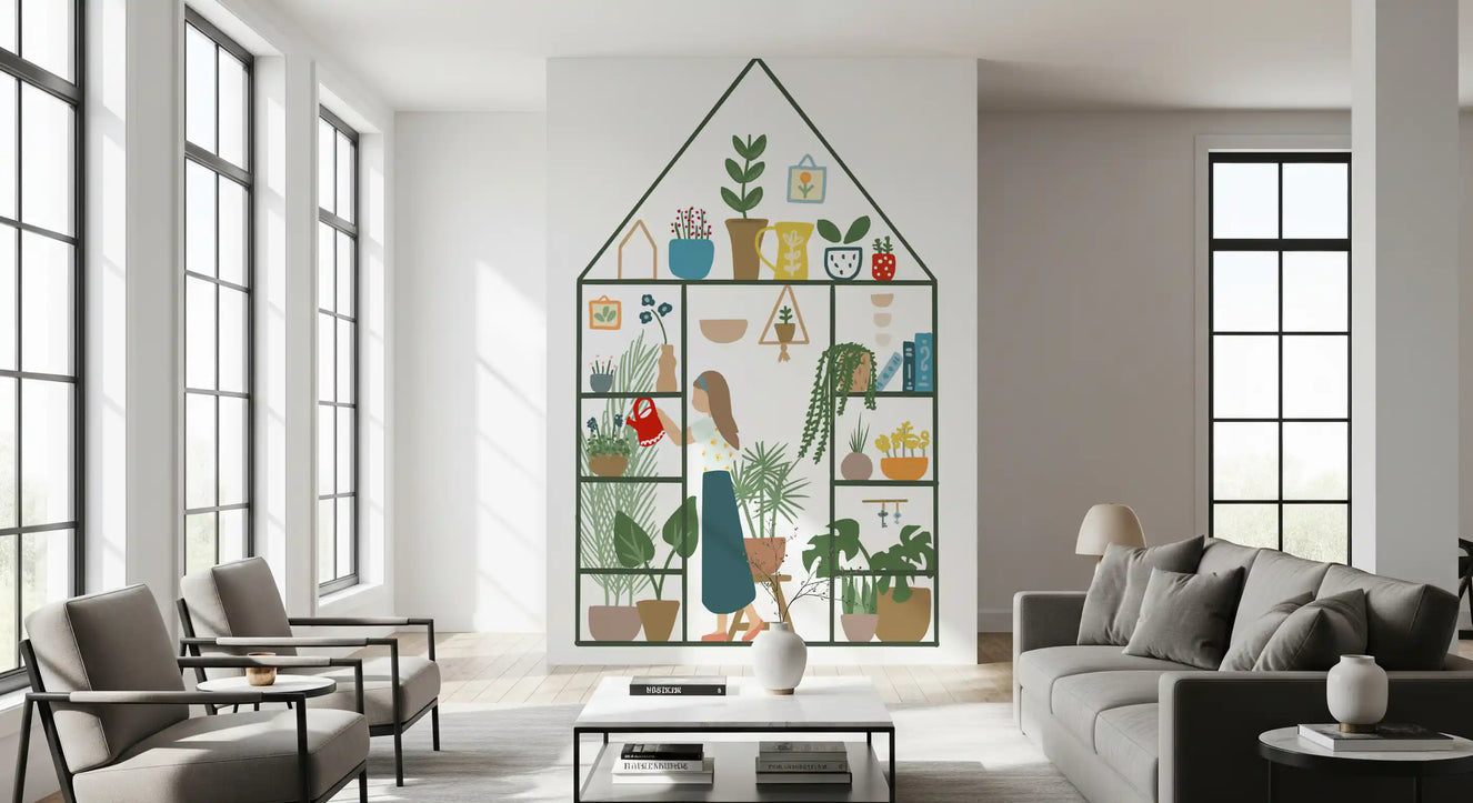 Hallway wall mural showing leafy pots, hanging plants, and soft garden art