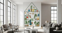 Hallway wall mural showing leafy pots, hanging plants, and soft garden art