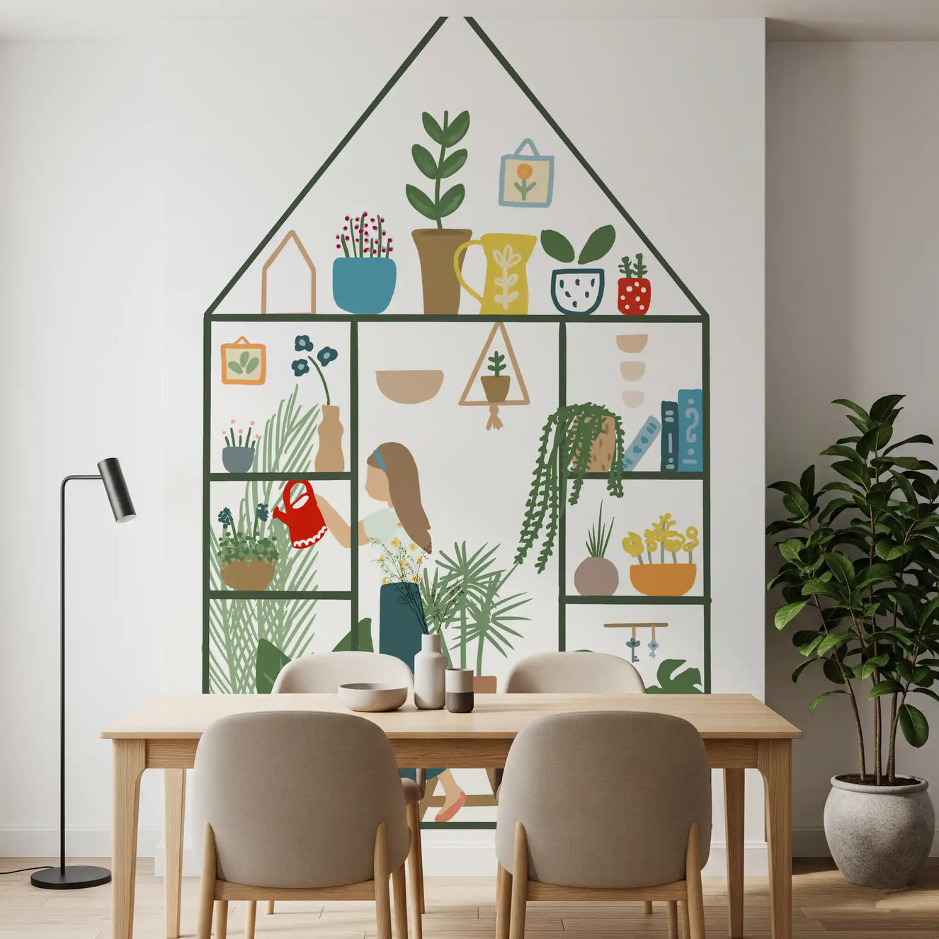 Dining room wall mural with indoor garden plants and greenhouse-style outline