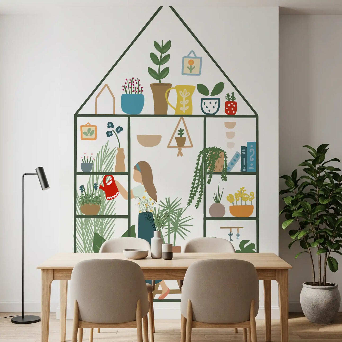 Dining room wall mural with indoor garden plants and greenhouse-style outline