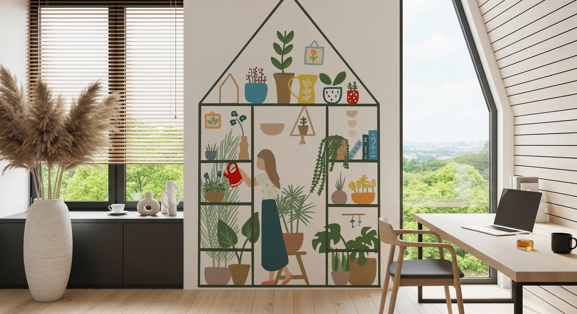 Plant house wall mural with indoor greenery, pottery, and calm garden detail