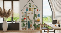 Plant house wall mural with indoor greenery, pottery, and calm garden detail