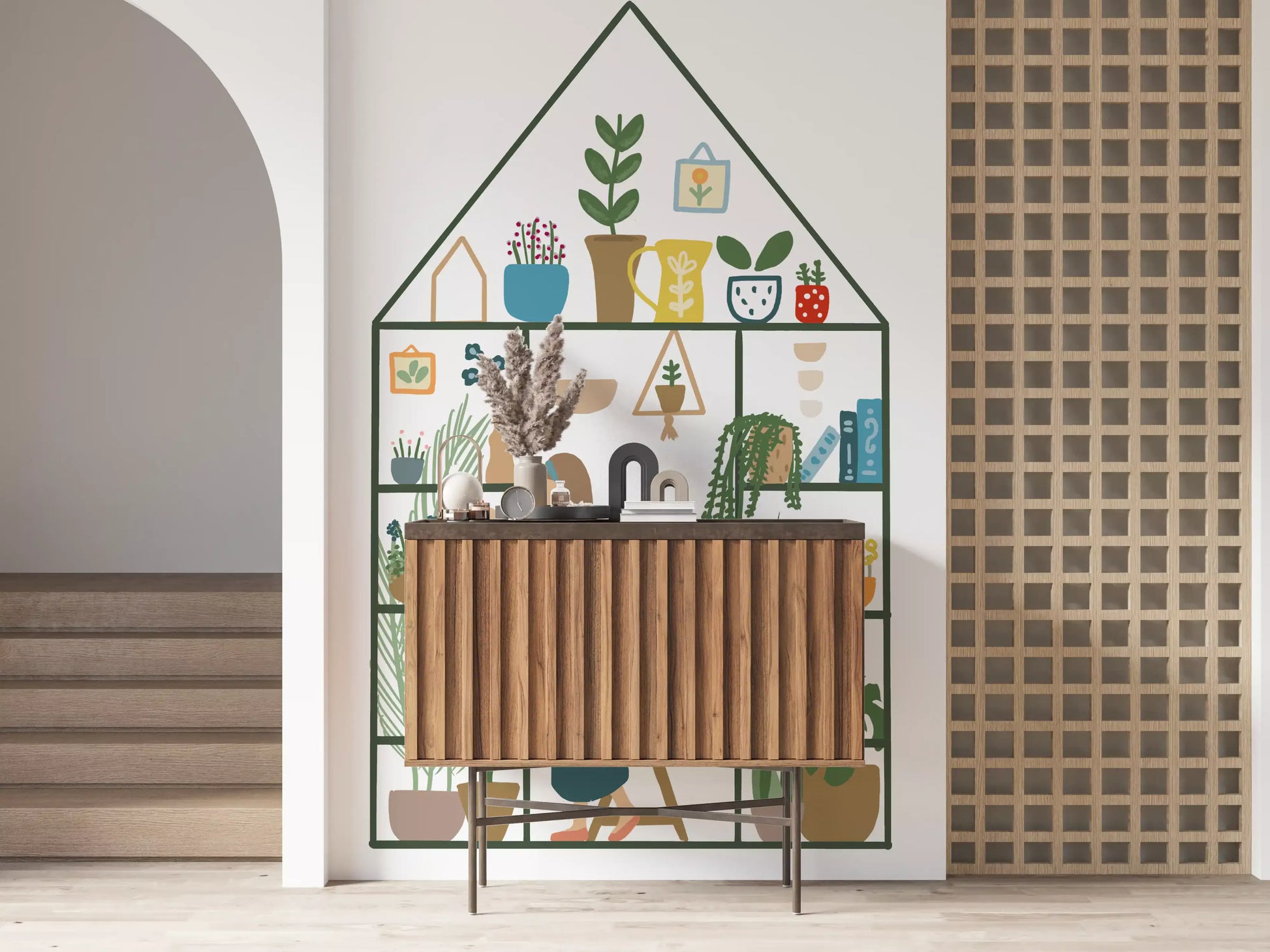 Nursery wall mural with gentle greenhouse plants and soft illustrated styling
