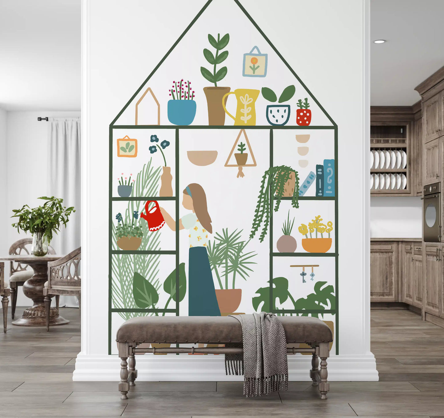 Indoor Garden Wall Mural with leafy pots, shelves, and hand-drawn plant scene
