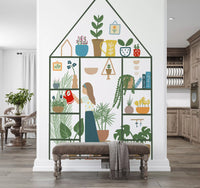 Indoor Garden Wall Mural with leafy pots, shelves, and hand-drawn plant scene