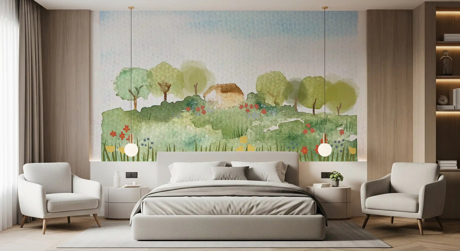 Bedroom Country Home Wall Mural showing trees and soft rural greenery
