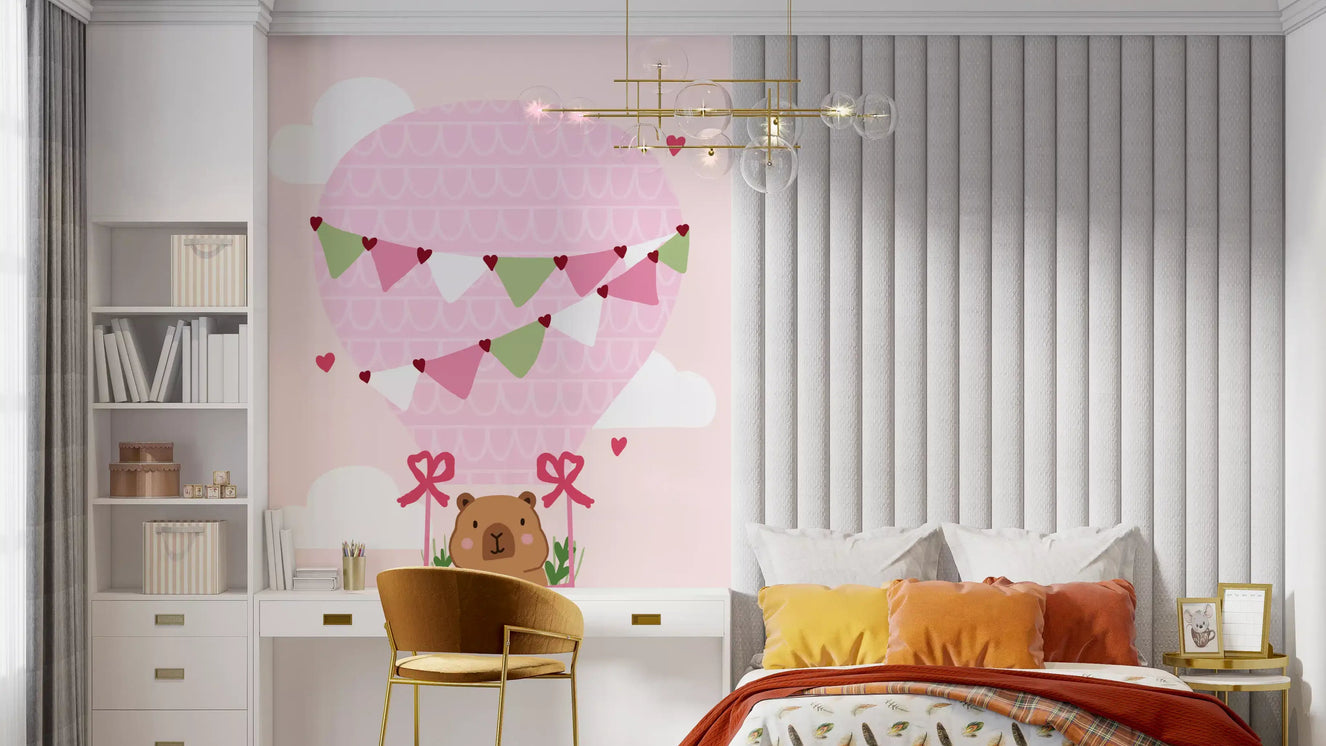 Girls room wall mural with Teddy Bear Dreams balloon and soft cloud shapes