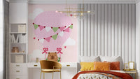 Girls room wall mural with Teddy Bear Dreams balloon and soft cloud shapes