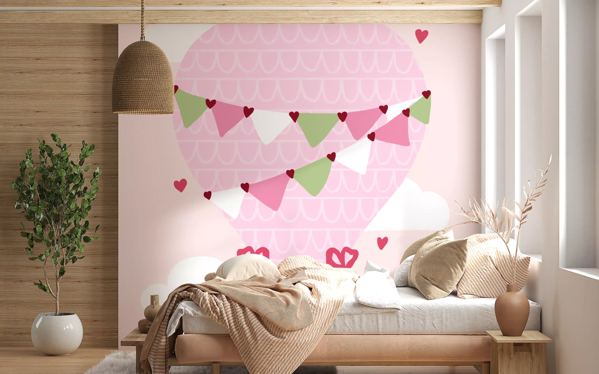 Teddy Bear Dreams Wall Mural with pink balloon, bows, and white clouds