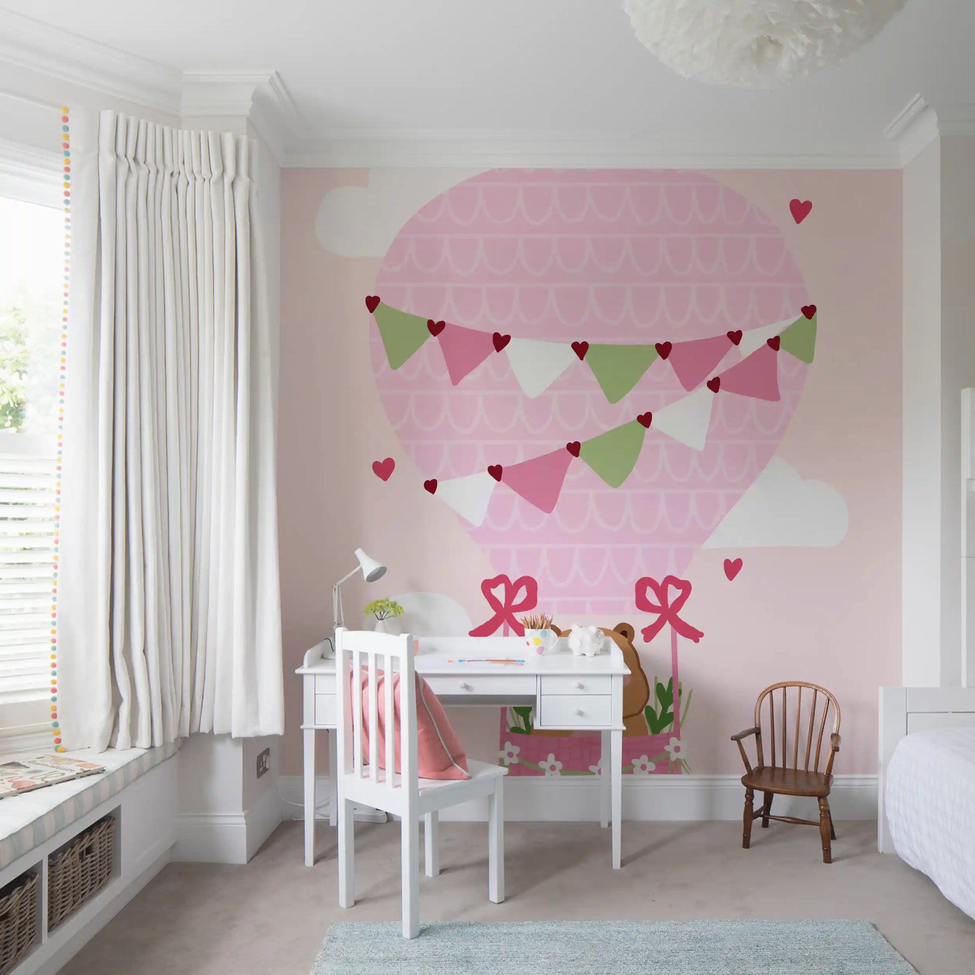 Reading nook wall mural using Bear Balloon artwork with pastel sky detail