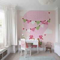 Reading nook wall mural using Bear Balloon artwork with pastel sky detail