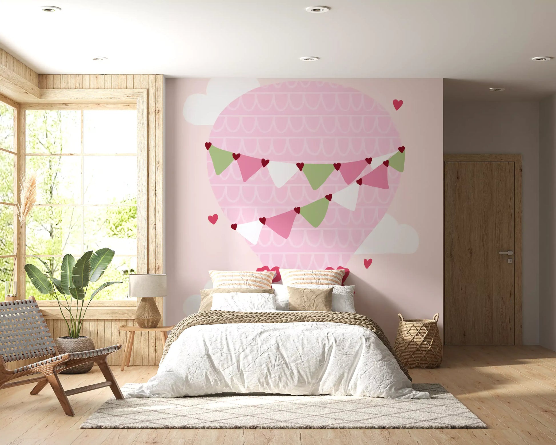 Bedroom wall mural with Teddy Bear in a hot air balloon scene