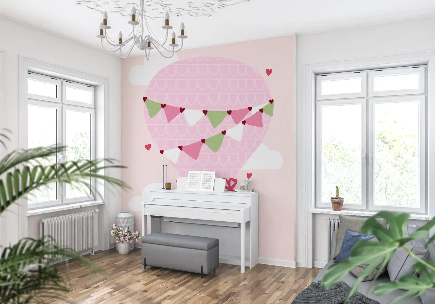 Hot air balloon wall mural showing a cute bear and soft blush background