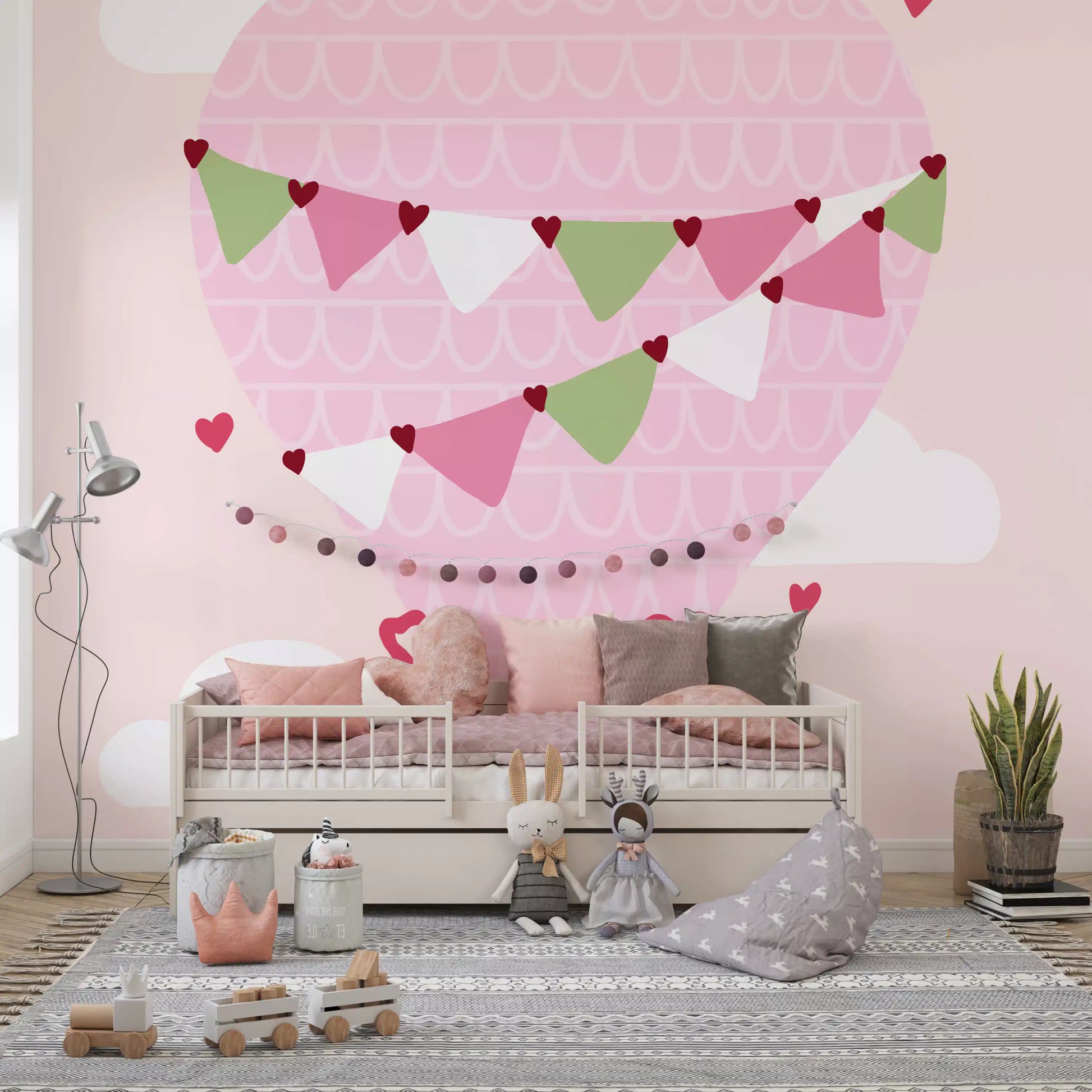 Playroom wall mural featuring Dreams Wall Mural and floating heart accents