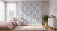 Cottage Floral Wallpaper showing framed bird motifs on a soft blue ground