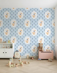 Playroom Blue Cottage Wallpaper with geese and scattered floral stems