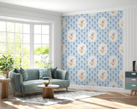 Blue floral wallpaper featuring cute geese and cottage-inspired patterning