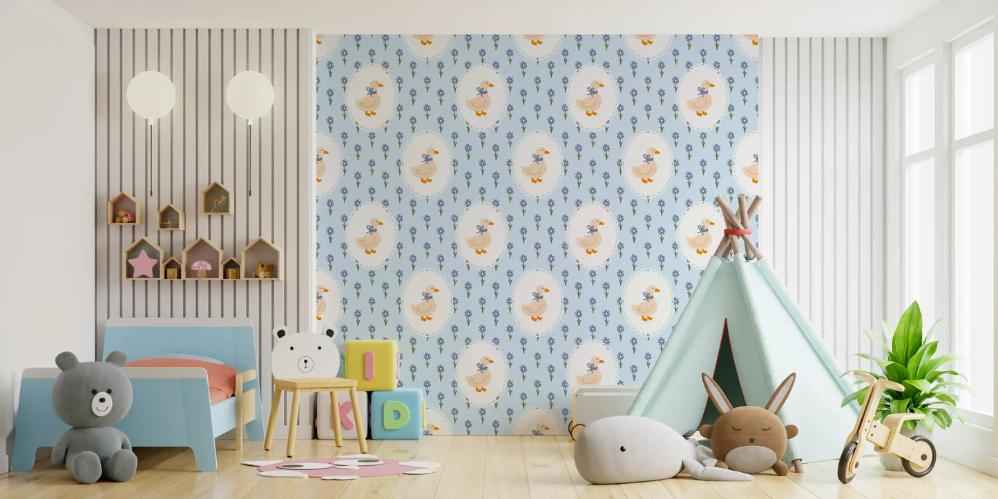 Kids room Goose Floral Wallpaper with lace-style ovals and pastel blooms