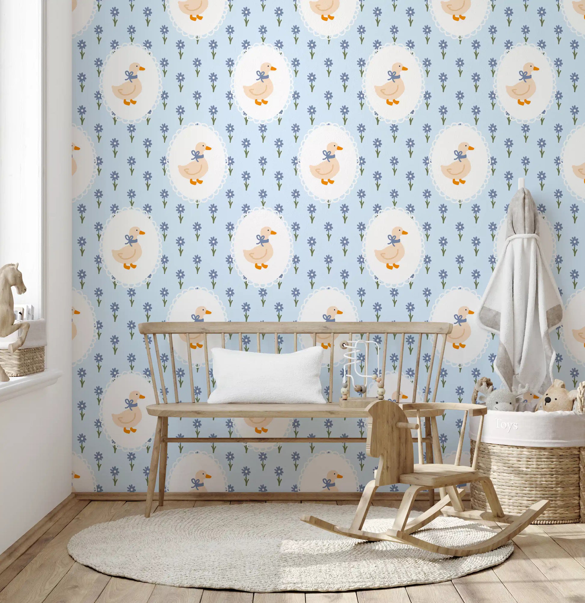 Country goose wallpaper with pastel floral sprigs and playful repeat design