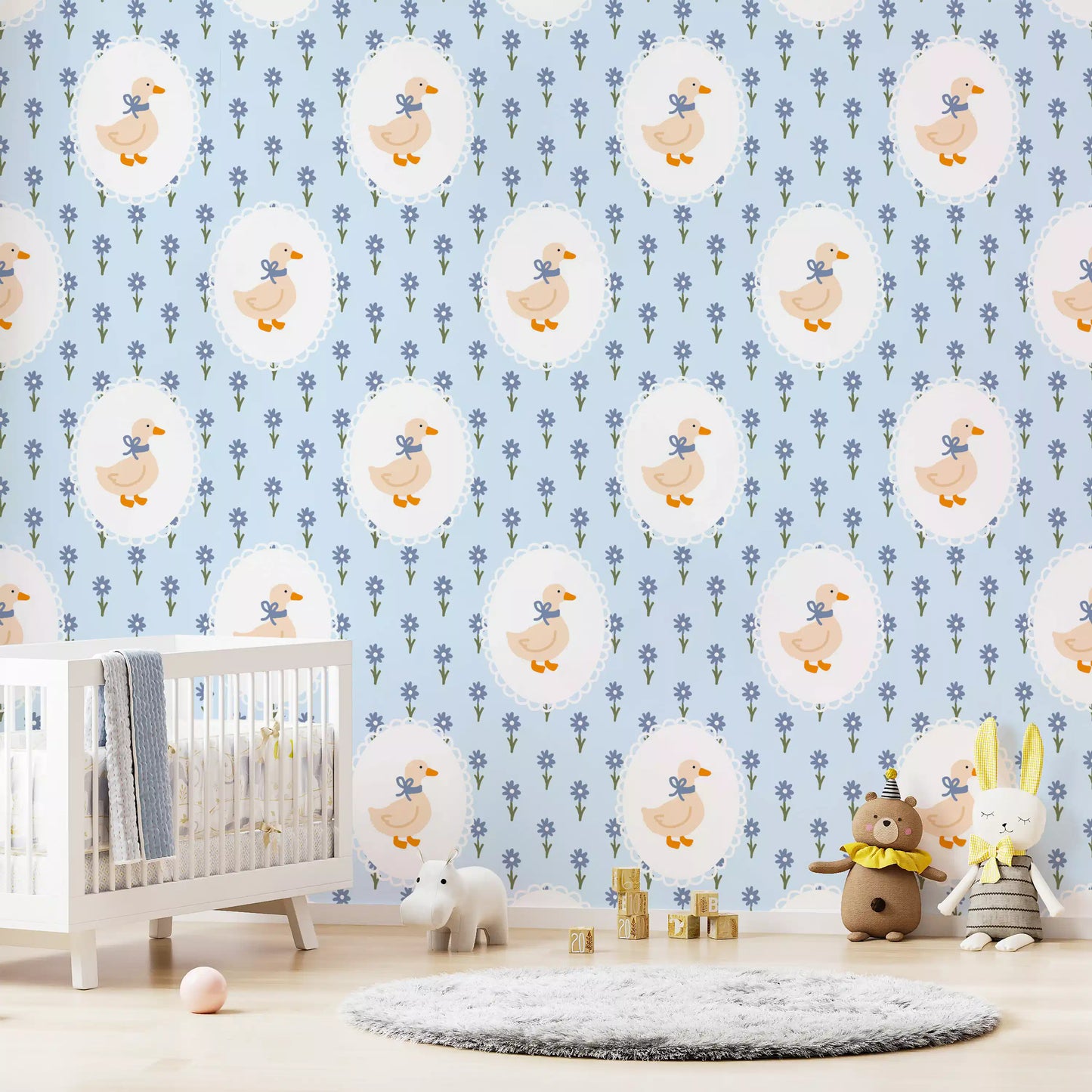 Kids room Floral Goose Wallpaper with oval frames and tiny blossom sprigs