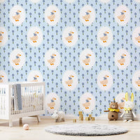 Kids room Floral Goose Wallpaper with oval frames and tiny blossom sprigs
