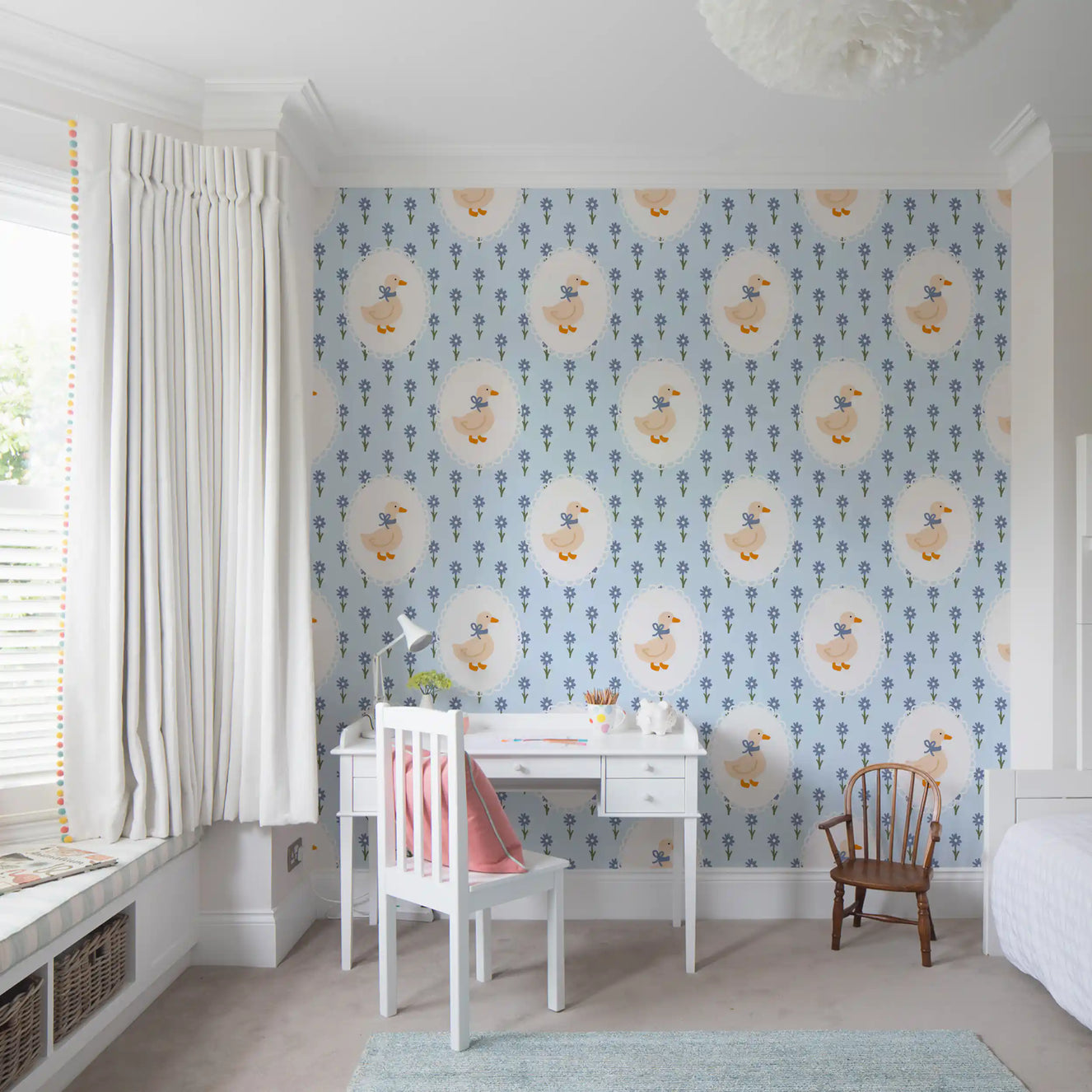 Study room Cottage Goose Wallpaper with soft florals and pale blue background
