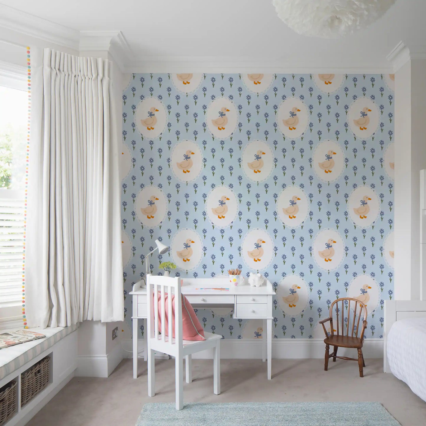Study room Cottage Goose Wallpaper with soft florals and pale blue background
