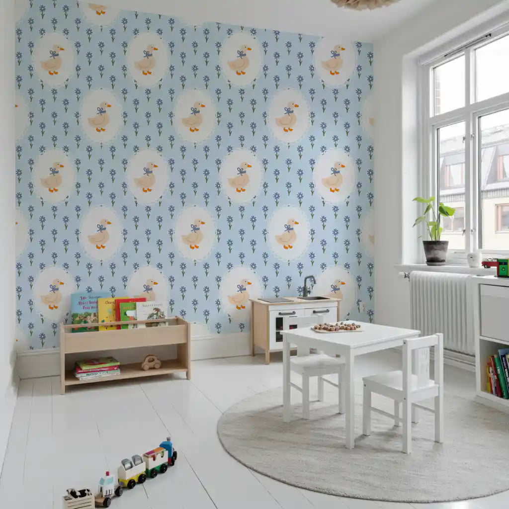 Goose Cottage Wallpaper with cream goose illustration and blue flower repeat
