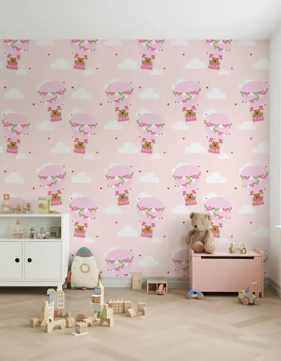 Sweet Bear Balloon Ride Wallpaper with pink hot air balloons and white clouds