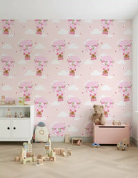 Sweet Bear Balloon Ride Wallpaper with pink hot air balloons and white clouds
