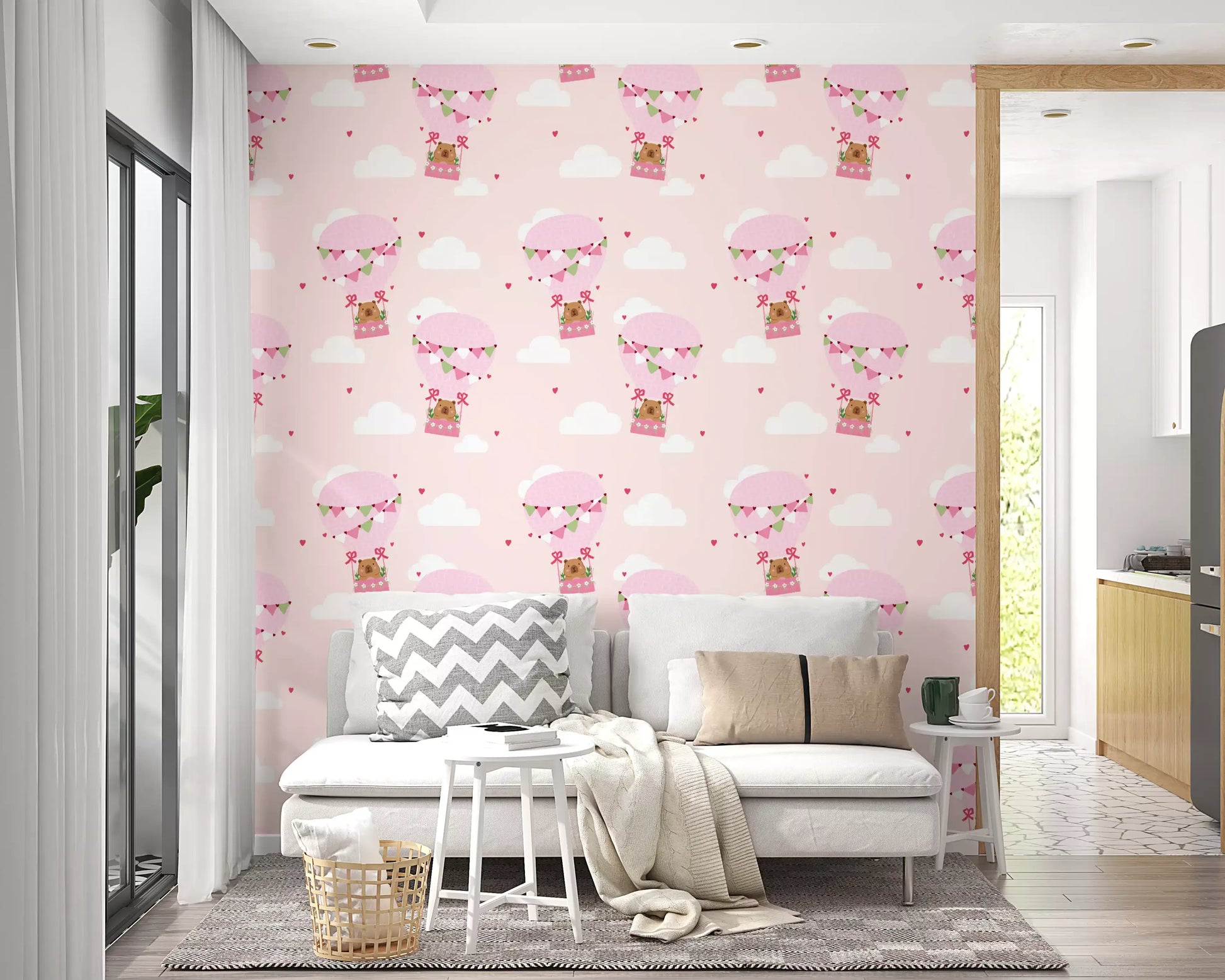 Hallway wallpaper with Sweet Bear Wallpaper and floating pink balloons