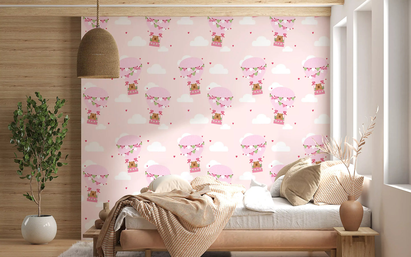Hot air balloon wallpaper featuring cute bears and soft blush background