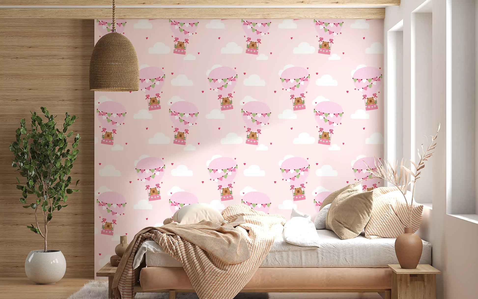 Hot air balloon wallpaper featuring cute bears and soft blush background
