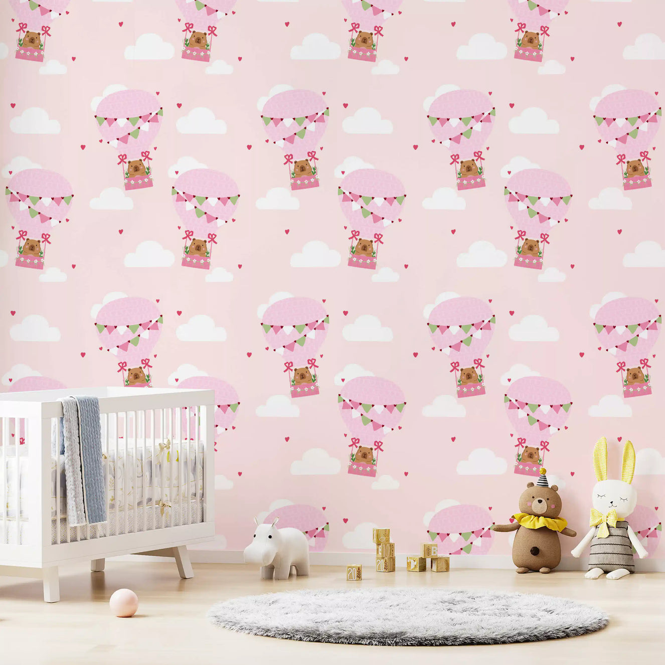 Nursery wallpaper with Sweet Bear Balloon design and soft cloud motifs