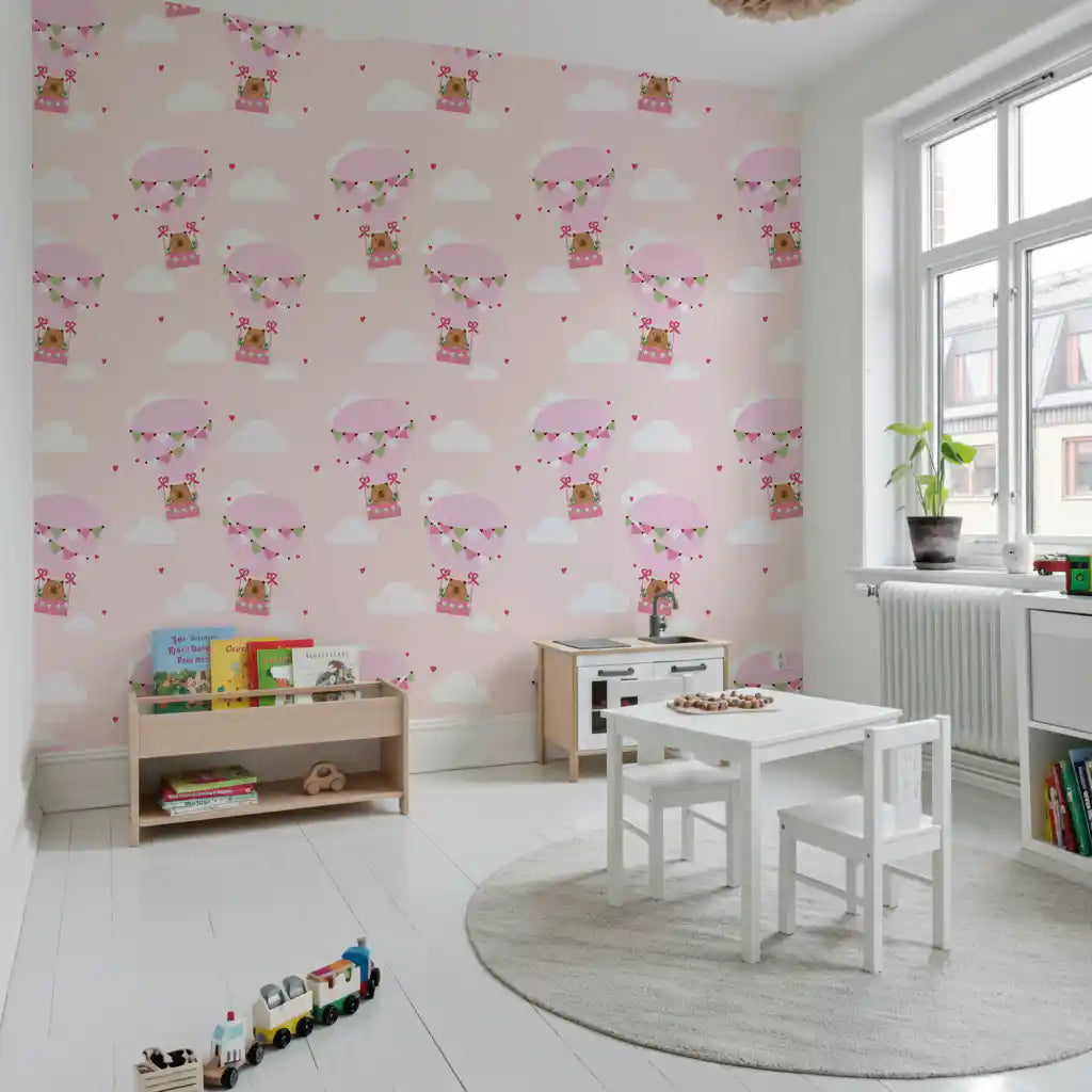 Reading nook wallpaper using Bear Balloon Wallpaper and pastel sky detail