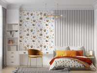 Garden hen wallpaper with peach blossoms and blue watering can artwork