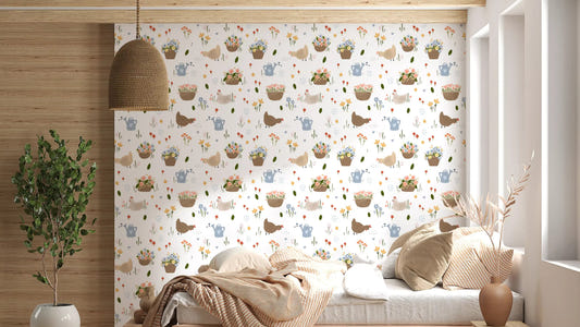 Flower basket wallpaper with hens and gentle pastel botanical touches