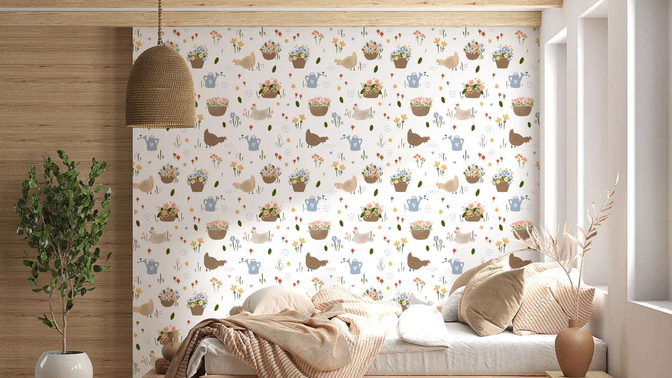 Flower basket wallpaper with hens and gentle pastel botanical touches