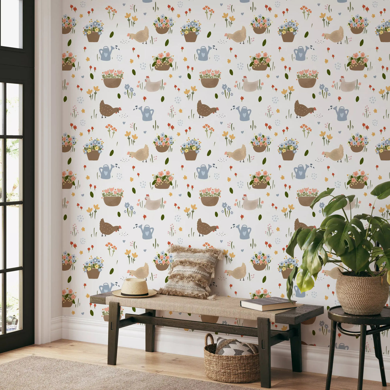 Whimsical Hen wallpaper with flower baskets and tiny pastel garden blooms