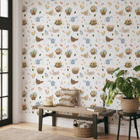 Whimsical Hen wallpaper with flower baskets and tiny pastel garden blooms